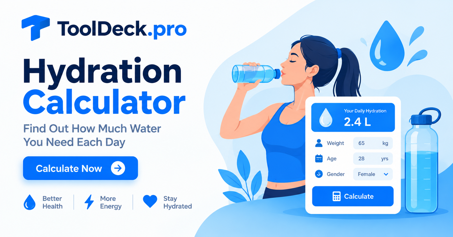 Hydration Calculator banner showing a woman drinking water next to an interactive daily water intake form calculating 2.4 Liters