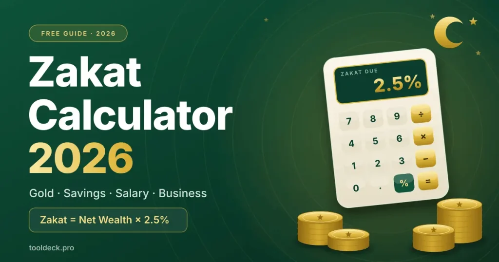 Zakat calculator 2026 showing the 2.5% zakat formula with gold coins and a calculator
